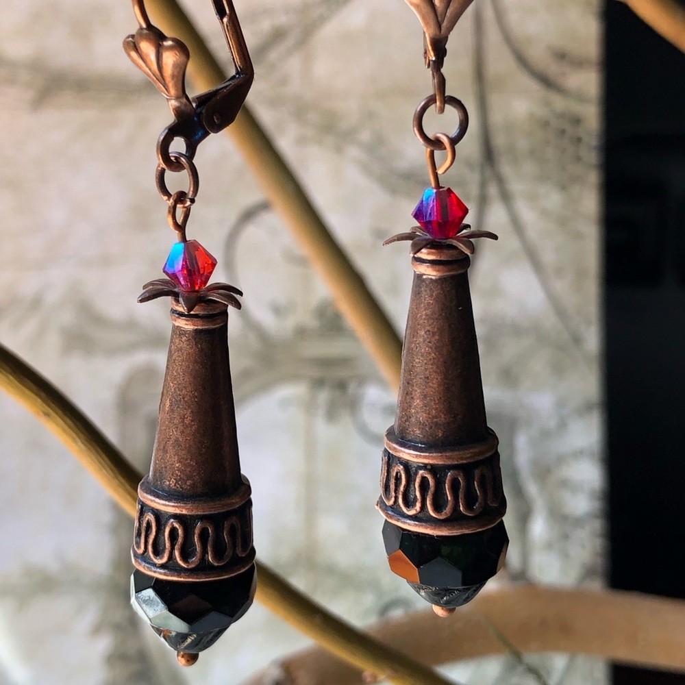 Copper and Jet Earrings - Copper Jewelry, Jet